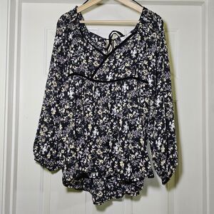 Umgee USA Women’s Black Dark Floral High Low Babydoll Velvet Trim Size Medium
